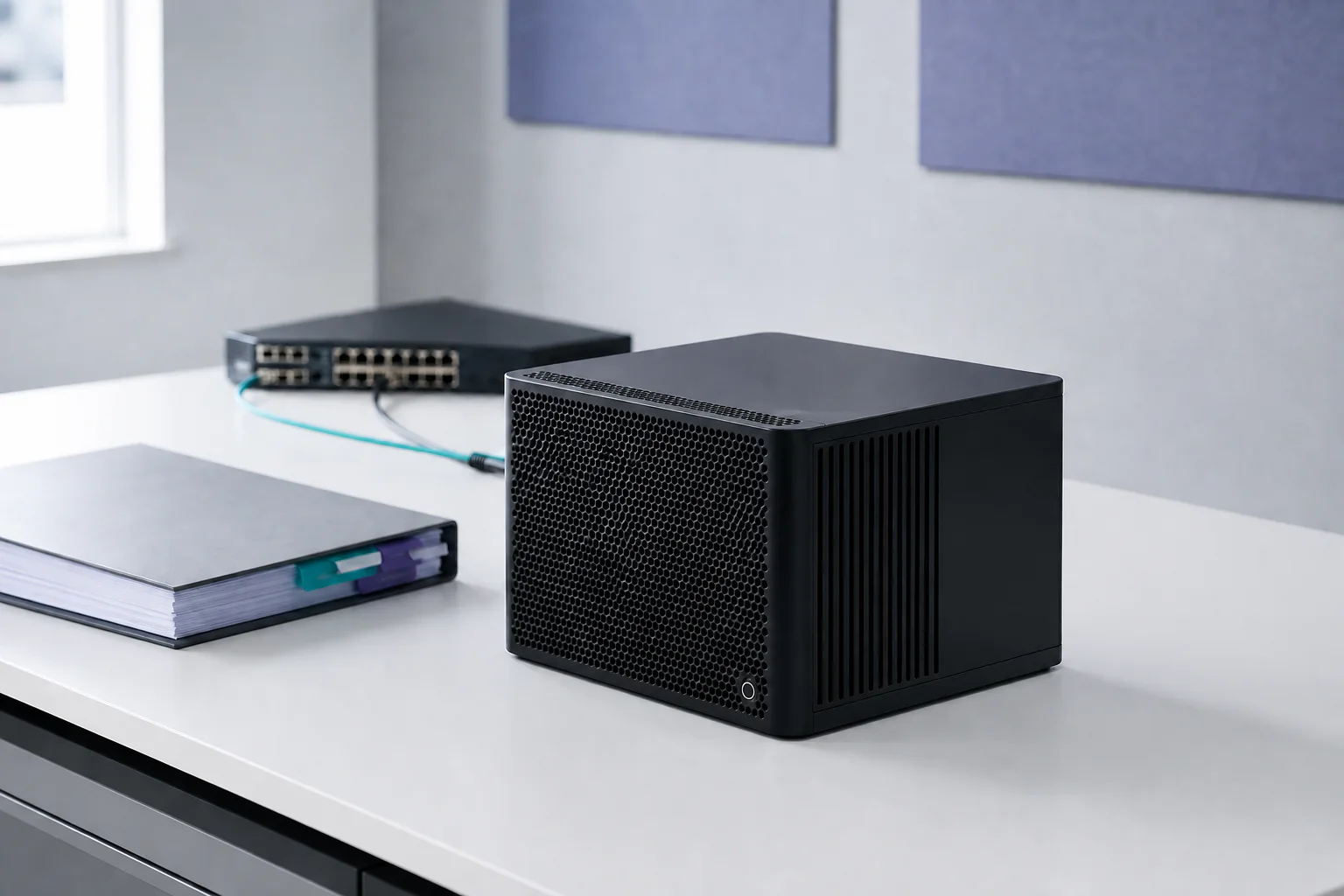 Customer-owned private AI hardware connected in a clean technical workspace